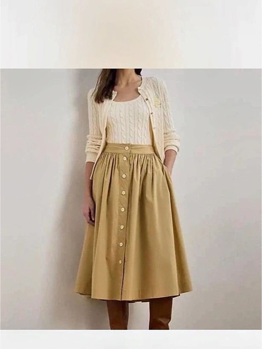 Ralph Lauren Cotton pleated Midi Skirt in tan Size 12
